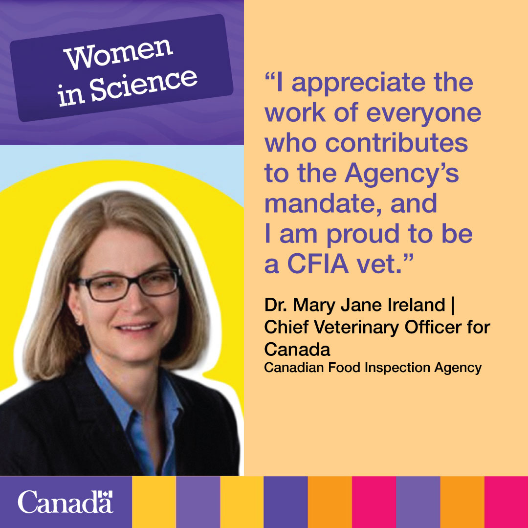 In honour of #IDWGIS, meet Dr. Mary Jane Ireland, Canada’s Chief Veterinary Officer. She is a strong advocate for the role of Canada’s veterinarians in protecting animal health, the health of people and the environment. bit.ly/3gg5R4Y

#WomenInScience #CFIAScience