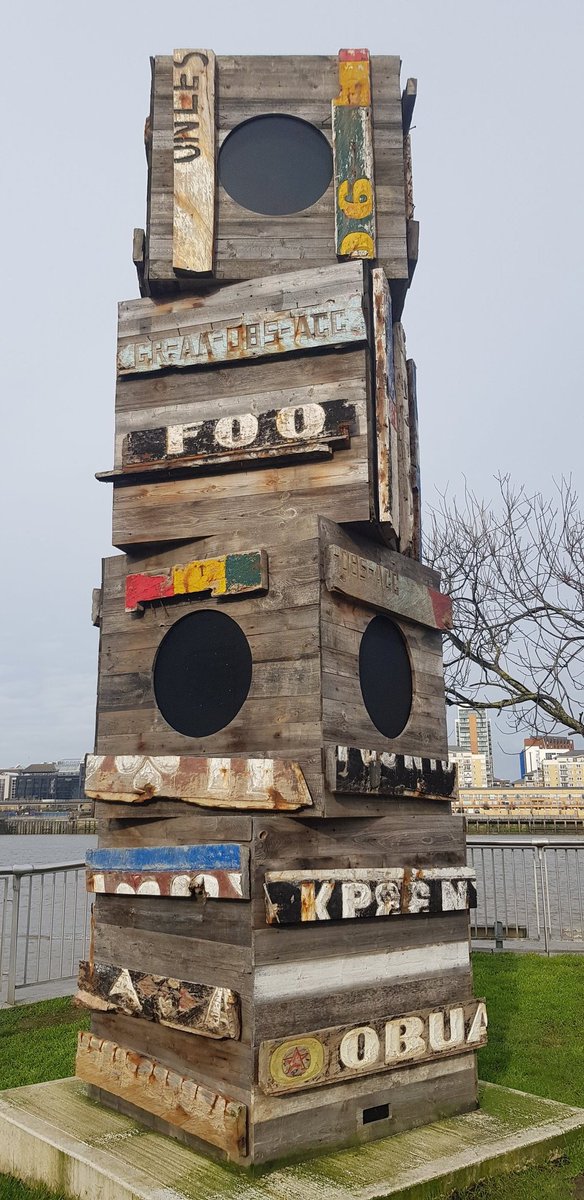 'Trial and Tribulation', by Serge Attukwei Clottey, is a mixed-media piece of public art on the Greenwich Peninsula. 

theunfinishedcity.co.uk/2024/02/tribe-…

#London #TheUnfinishedCity #publicart #GreenwichPeninsula #Sculpture #ThamesPath