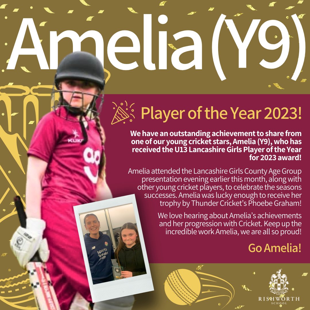 Rishworth1724's tweet photo. ⭐️ Amelia is Lancashire Women’s U13s Player of the Year for 2023!

We want to say a huge congratulations to Amelia who has received a Player of the Year 2023 award for her amazing effort and skill within Lancashire girl’s cricket!

#cricket #lancashirecricket #rishworthschool https://t.co/K7UILqIqIs