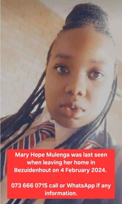 womenforchange5's tweet photo. ⚠️ MISSING PERSON ⚠️
Mary Hope Mulenga was last seen when leaving her home in Bezuidenhout on 4 February 2024. 

Call or whatsapp 073 666 0715 if any information. https://t.co/BdiKRhOPwx