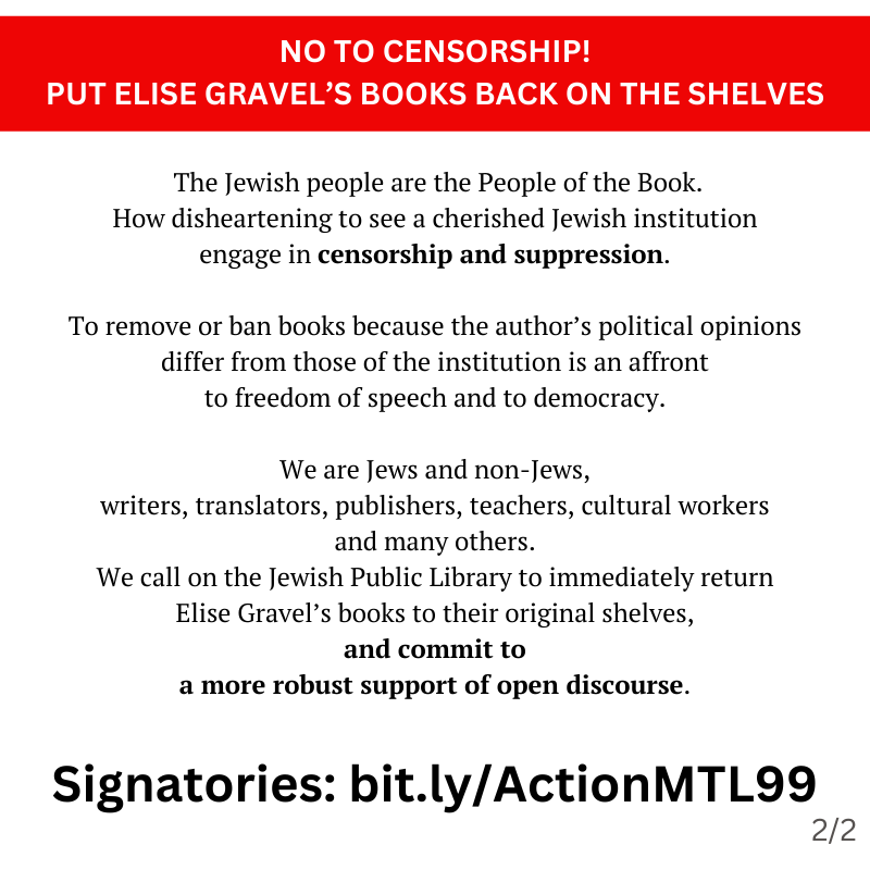 haikuboxer's tweet photo. Over 160 signatures in letter to #JewishPublicLibrary to protest moving #EliseGravel's books to closed stacks.
https://t.co/O94P7JuNoW
@ToulasTake @mtlgazette @andyriga https://t.co/TCombcQrFU