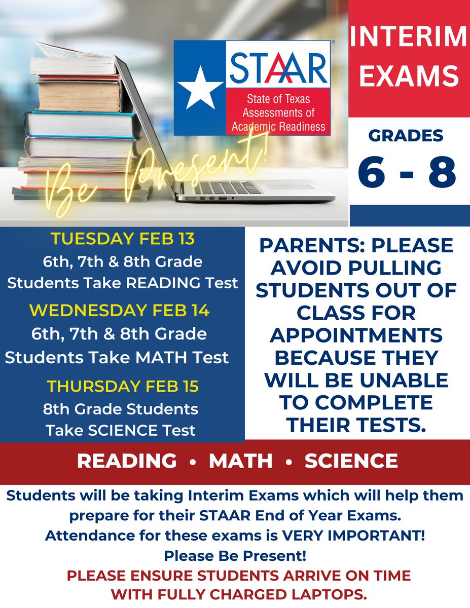 Parents and Students, please take note! This week @YsletaMS students will be taking Interim Exams. Attendance is crucial, please Be Present! Thank you! @YsletaISD @JosePerYMS @BaumlerEllen @Gonzalez_YMS @lara17yms