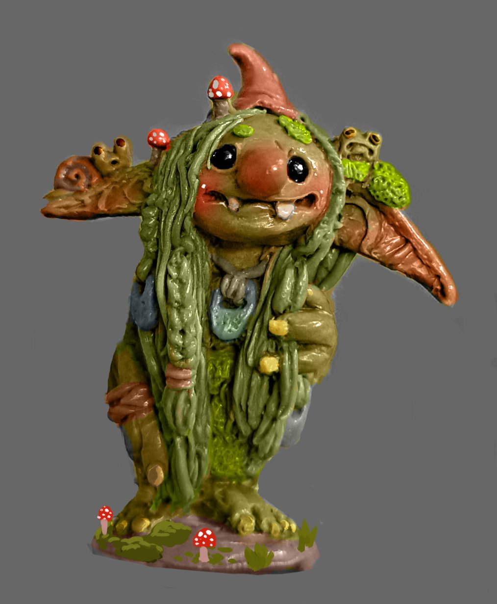 Digitally painted miniature of a goblin with mossy outfit, who has a snail on one and a frog on another one of his ears.