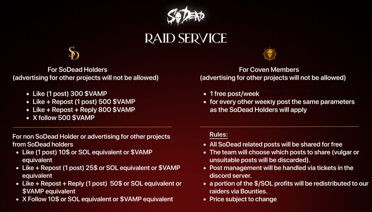 SoDead Raid Service aims to improve your engagement or that of your favorite project on 𝕏 by using 'bounties' (raid2earn) on our staking site. More info in our Discord server discord.gg/RYUp7twc