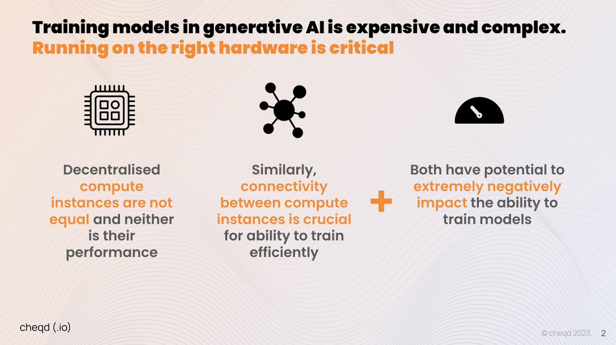 SomeCrypt0Guy's tweet photo. Why #DeAI needs #vAI

Training models in generative AI is an incredibly expensive and complex operation. 

Location, internet speed & computing hardware are all incredibly important to making these Decentralised computing networks function

You can't just simply let anyone join the network and mess it up.

One example worth mentioning is with latency - currently the majority of LLMs will be computed using servers in close proximity to each other - the further away they are the harder it is to work completely in sync. 

Because of this, the location of cloud computing nodes for $AKT, $TAO, $AGC, $RLC and many others will be crucial to ensuring efficient computing power - different clusters will be needed based on their proximity to each other.

But how to ensure this information is freely available?

This is where $CHEQ can come in. 

Using #VerifiableCredentials, computing instances and hardware can gain a digital identity, allowing others to interact with them based on relevant information, e.g. Graphics Card, Latency, Downtime, Location etc.

Imagine you are running a subnet that requires a huge amount of computing power - you need to know that the computers in your system are up to the job - verifiable credentials can in this base be used to represent that computer on the network.

This all makes the process of coordinating such complicated tasks way, way easier, because you know who is in your network and what tools you have at your disposal.

What's more, networks can reward good actors and strong performers, increasing the incentives to create high quality computing instances.

This is all still new, but I know for sure that this is something $CHEQ is doing and can make available for any #AI project on the market.

#vAI = verifiableAI = @cheqd_io 

Remember that.