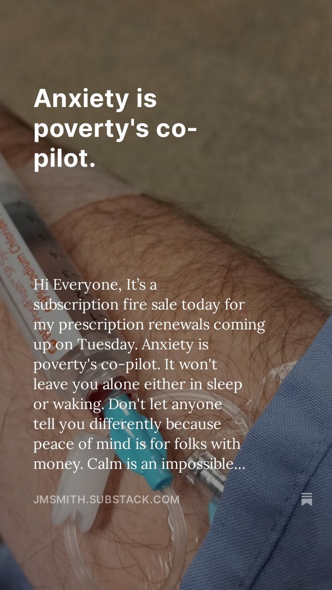 Harryslaststand's tweet photo. Anxiety is poverty's co-pilot. It won't leave you alone either in sleep or waking. Don't let anyone tell you differently because peace of mind is for folks with money. Calm is an impossible state to achieve when you spend your life trying to keep on top of your bills. It's why the entitled keep much of humanity on the edge and make sure we never earn enough to feel that- we are safe. I certainly don't feel safe, and I can't remember the last time I did feel secure for more than a month, a day or an hour.https://t.co/2f4M6ZHucy