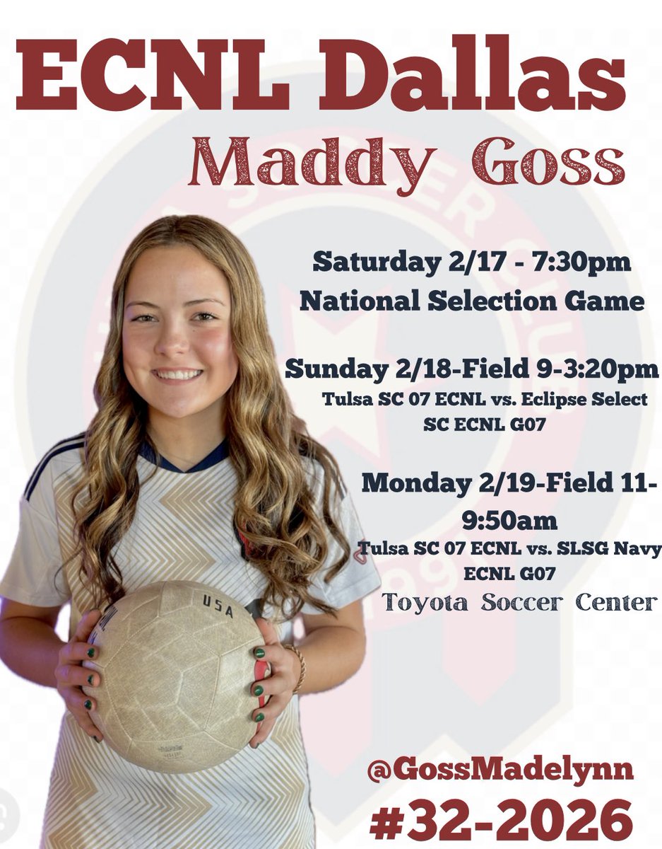 So exited for our last showcase of the season! <a href="/TulsaSC_07_ECNL/">Tulsa SC 07 Girls ECNL (25/26)</a> <a href="/TulsaSC/">Tulsa Soccer Club</a> <a href="/CoachLewisAmos/">Lewis Amos</a> <a href="/EcnlTexas/">ECNL Girls Texas Conference</a> <a href="/ImYouthSoccer/">ECNL/GA/Recruiting/College Soccer</a>