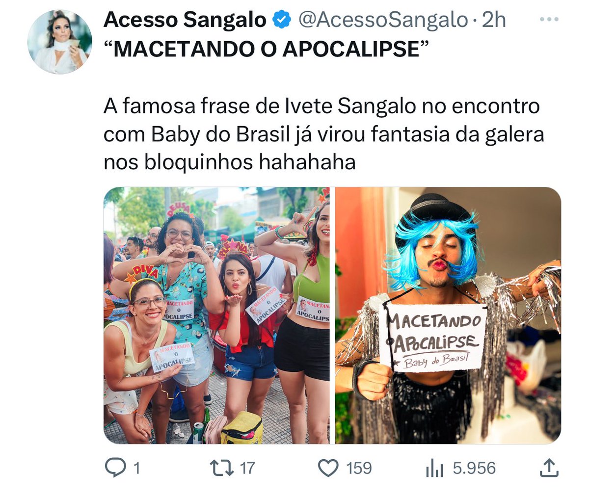 edilsondelira's tweet photo. A trend de Carnaval é “macetando o Apocalipse”. Mas Jesus já advertia sobre essa imoralidade:

Mateus 24:37-39
“Quando o Filho do Homem voltar, será como no tempo de Noé. Nos dias antes do dilúvio, o povo seguia sua rotina de banquetes, festas e casamentos, até o dia em que Noé entrou na arca. Não perceberam o que estava para acontecer até que veio o dilúvio e levou todos. Assim será na vinda do Filho do Homem”.

Esse evento não será adiado nem cancelado. Estejamos prontos, e clamando Maranata!