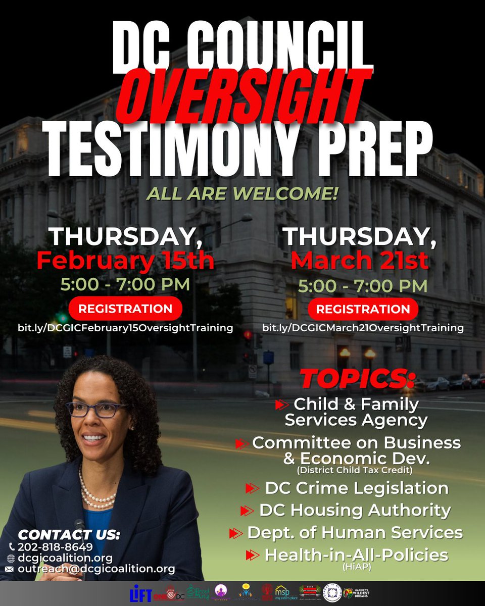 Testify for a #GuaranteedIncome! Join @DCGICoalition for Oversight Hearing Testimony Prep on Thursday, Feb. 15th @ 5PM. We'll support you in preparing written testimony and testifying as a witness. Register now: bit.ly/DCGICFebruary1…