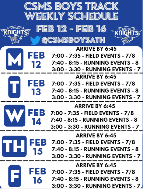 CSMSBoysAth's tweet photo. TRACK SEASON IS UPON US.
Please check here and on Schoology for weekly schedules and meet updates.  #KnightsTrack https://t.co/SsT84HmPix