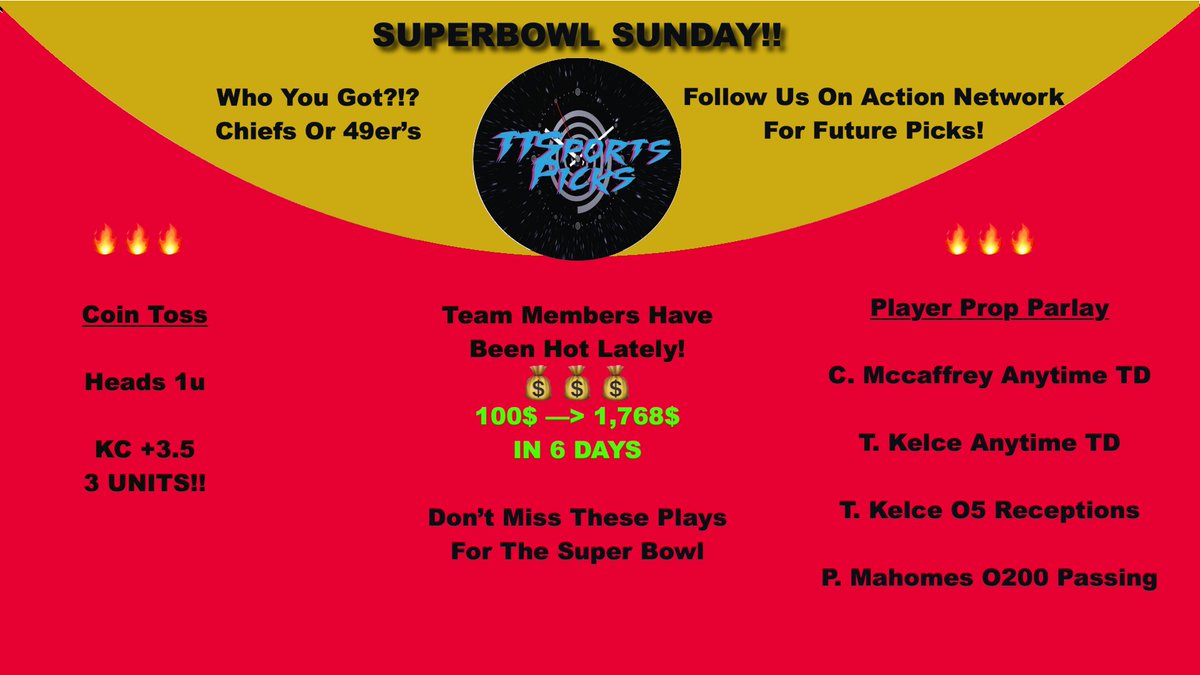 TTSportsPicks's tweet photo. 🚨🚨 Super Bowl Picks Are In! Put These Plays In For Some Money In Your Pocket! 100$ To 1,768$ In 6 Days. Had A Hot Start For Today Going 3-1 With +1.36 Unit Return! Follow Our Team For More Plays! #SuperBowl #NFL #sportsbet #SportsPicks #GamblingX #vegasbaby @BuntFlex0 https://t.co/TkDHCnPbWZ