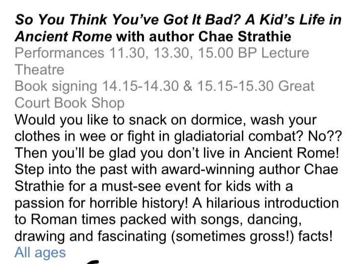 Slightly late in the day, but I’m doing not one, not two, but THREE events at the @britishmuseum tomorrow! I’ll be making parents shake their heads in disgust as I tell their children about ancient Roman food, hygiene and monsters among other things. Do come! @NosyCrow #history