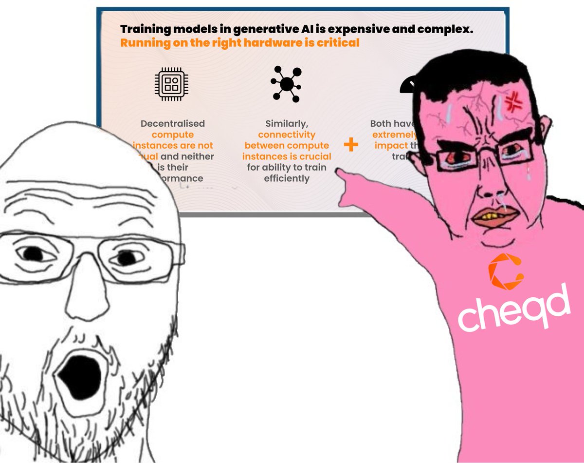 SomeCrypt0Guy's tweet photo. Why #DeAI needs #vAI

Training models in generative AI is an incredibly expensive and complex operation. 

Location, internet speed & computing hardware are all incredibly important to making these Decentralised computing networks function

You can't just simply let anyone join the network and mess it up.

One example worth mentioning is with latency - currently the majority of LLMs will be computed using servers in close proximity to each other - the further away they are the harder it is to work completely in sync. 

Because of this, the location of cloud computing nodes for $AKT, $TAO, $AGC, $RLC and many others will be crucial to ensuring efficient computing power - different clusters will be needed based on their proximity to each other.

But how to ensure this information is freely available?

This is where $CHEQ can come in. 

Using #VerifiableCredentials, computing instances and hardware can gain a digital identity, allowing others to interact with them based on relevant information, e.g. Graphics Card, Latency, Downtime, Location etc.

Imagine you are running a subnet that requires a huge amount of computing power - you need to know that the computers in your system are up to the job - verifiable credentials can in this base be used to represent that computer on the network.

This all makes the process of coordinating such complicated tasks way, way easier, because you know who is in your network and what tools you have at your disposal.

What's more, networks can reward good actors and strong performers, increasing the incentives to create high quality computing instances.

This is all still new, but I know for sure that this is something $CHEQ is doing and can make available for any #AI project on the market.

#vAI = verifiableAI = @cheqd_io 

Remember that.
