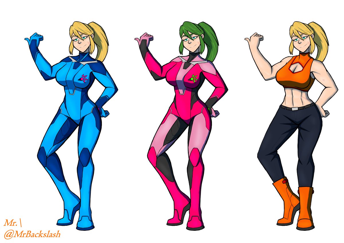 MrBackslash's tweet image. Was in a long discussion on @ThatMetroidGuy's discord server talking about ZSS designs the other day and I decided.  

"Fuck it, we ball" and made my own interpretation of ZSS, along with a Justin Baily alt and a casual attire alt.