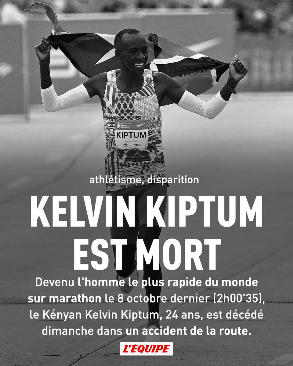 lequipe's tweet photo. Selon la presse kényane, notamment les journaux Nation et The Standard, Kelvin Kiptum est décédé dans un accident de voiture dimanche à 23 heures https://t.co/DLf8oKaJ6b https://t.co/NZf7RWOfxO