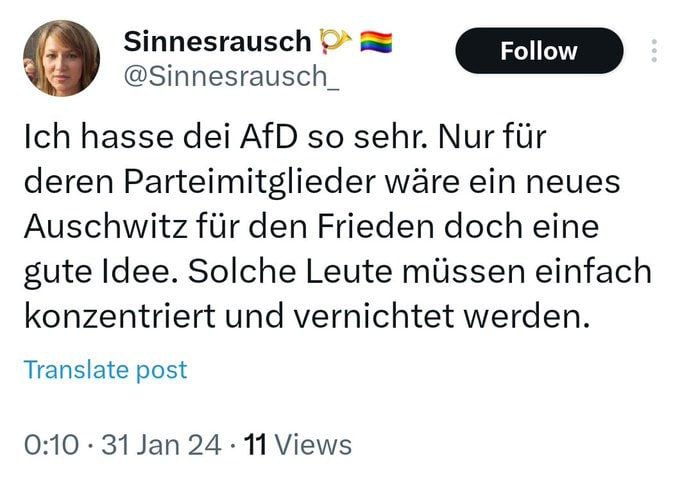MichaelImmel60's tweet photo. Ich habe soeben eine Strafanzeige wegen Volksverhetzung und Aufruf zu Gewalt gegen AfD-Parteimitglieder veranlasst. 

Ich bin zwar weder ein AfD-Parteimitglied noch ein -Anhänger, das ist aber meine Pflicht als Demokrat und Staatsbürger. https://t.co/lchYlSUYQg