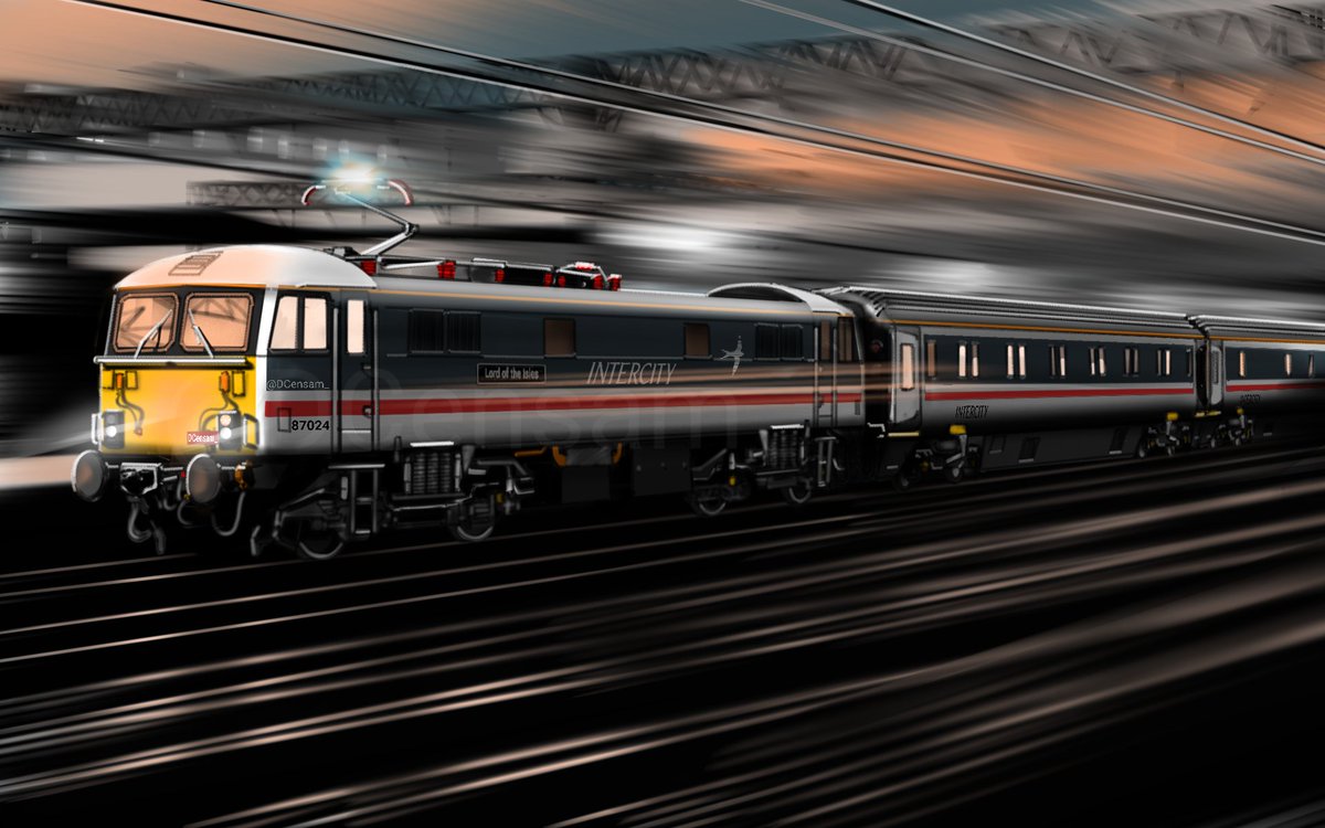 DCensam_'s tweet photo. #whatcouldhavebeen refurbished 87024 'Lord of the Isles' accelerates out of Euston with the first Mk3R sleeper service to Glasgow Central in 2017. 
#britishrail #intercityswallow #caledoniansleeper #class87 https://t.co/bG10xMjueM