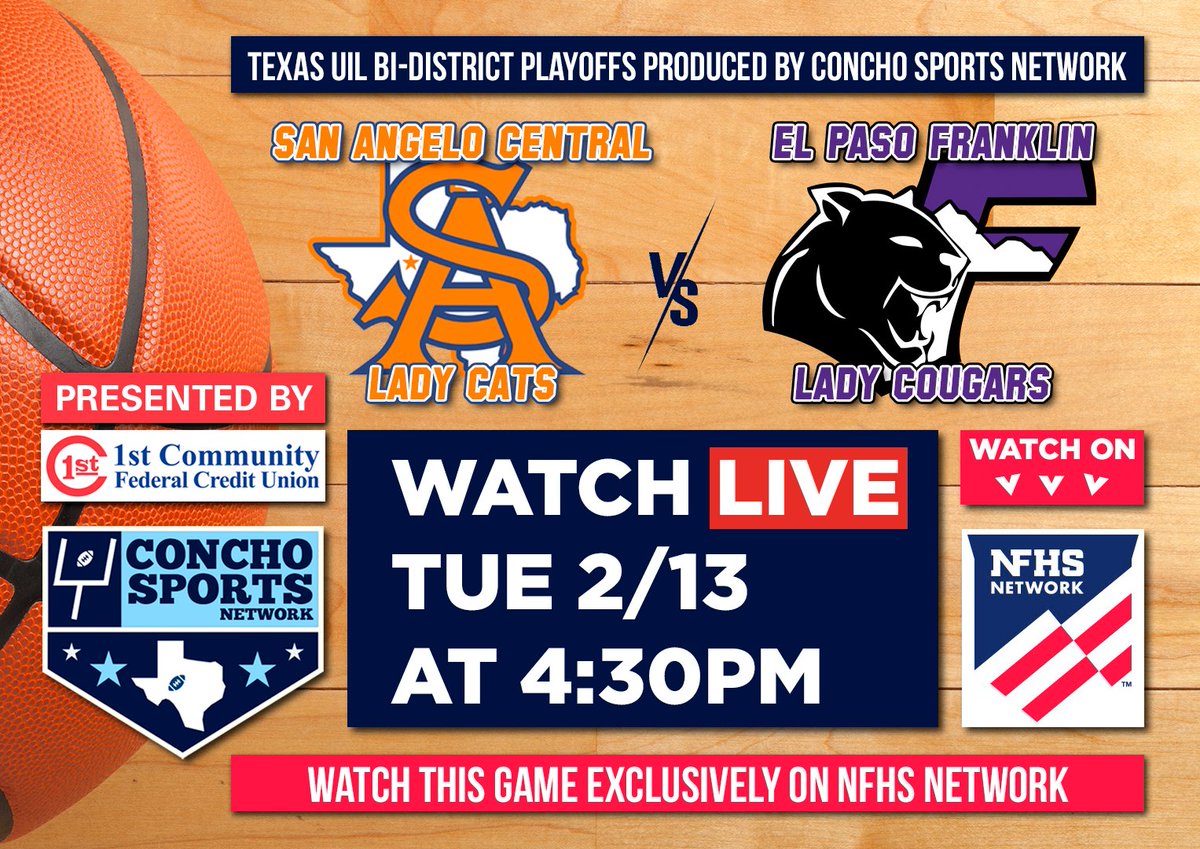 👀 Watch @centralcathoops vs @FHSLadyCougars🔴 LIVE 📺 Tue 4:30pm.
*** This game is produced by CSN & can be watched only on NFHS Network.
Central Lady Cats hoops from CSN is presented by @1CFCU.
#AngryOrange #CentralLadyCats #FranklinLadyCougars #SanAngelo #SanAngeloTX #ElPaso