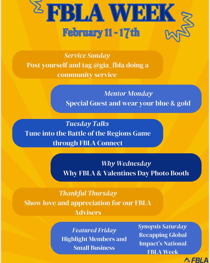 GIA FBLA Week starts this week! Make sure you participate in the amazing things GIA FBLA Chapter has to offer for FBLA Week! #fbla