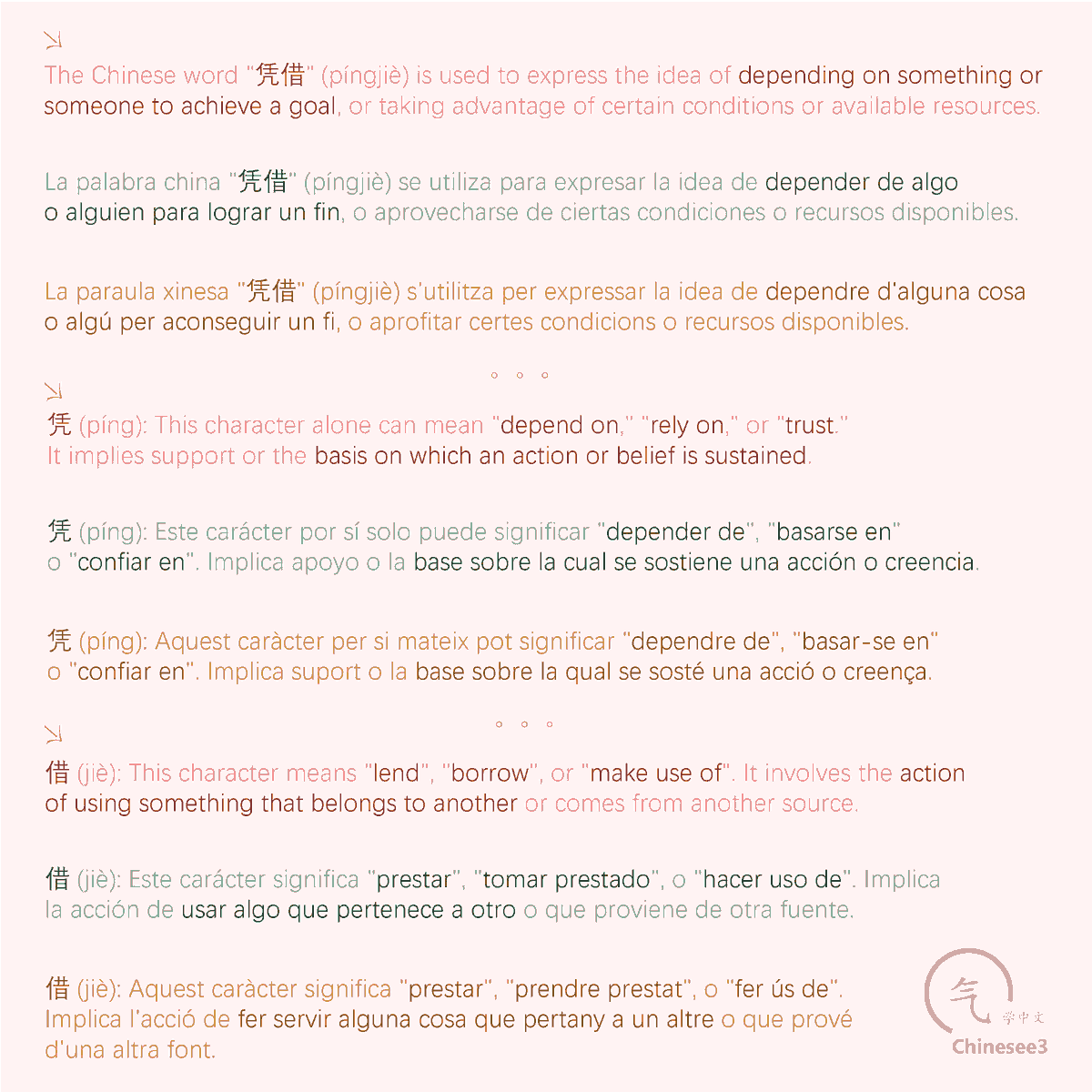 OlgaQuibus's tweet photo. 凭借
Píngjiè
- Trust / Depend on
- Confiar en / Depender de
- Confiar a / Dependre de

Chinesee3 🥢 https://t.co/lAKpJ2kaSn