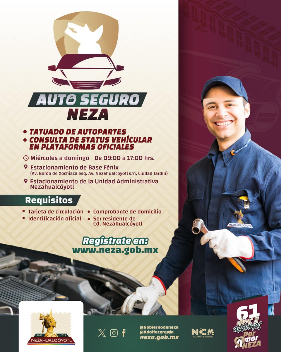 seguridadneza's tweet photo. Erradiquemos el robo de autopartes con el #TatuadoDeAutopartes del programa #AutoSeguroNeza  en:

Estacionamiento de Base Fénix
(Av. Bordo de Xochiaca esq. Av. Nezahualcóyotl s/n. Ciudad jardin)
Estacionamiento de la Unidad Administrativa Nezahualcóyotl https://t.co/0XadyepA9s