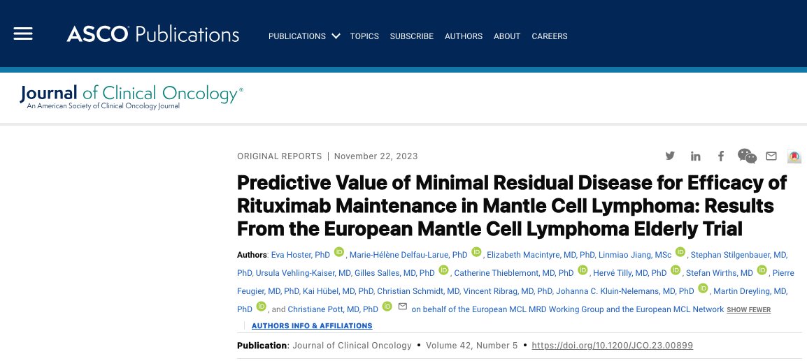 👏🏼 Bravo to all authors including #WomenInLymphoma Bravo to all authors including #WomeninLymphoma @EvaHoster #ChristianePott #MarieHeleneDelfauLarue #CatherineThieblemont ascopubs.org/doi/abs/10.120…… #lymphoma #MantleCellLymphoma #MCL @JCO_ASCO ascopubs.org/doi/abs/10.120…