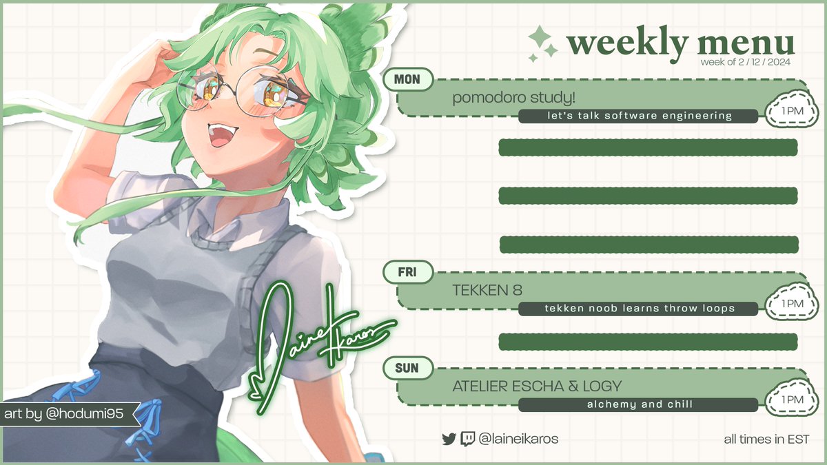 laineikaros's tweet photo. { WEEKLY MENU 02.12 → 02.18 } 🦜☕ 

i have a job interview on wednesday so our normal wednesday stream is moved to monday!! let's have a nice week as always <3

#calainedar #envtuber https://t.co/5qvLFcQ1mq