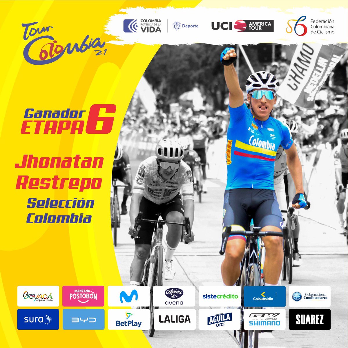 ¡VICTORIAAAAAA!

Enormeeee Jhonatan Restrepo de la Selección Colombia, ganador de la última etapa del #TourColombia2024 🔥🔥🔥🚴🏽‍♂️🇨🇴

¡FELICIDADES PÁCORA!