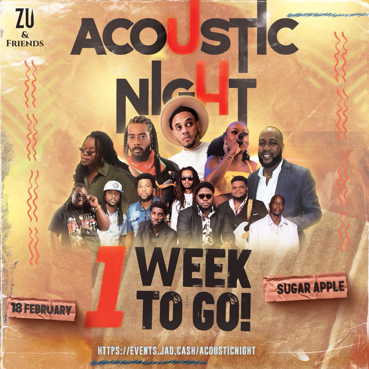 Counting down the days to a soulful serenade – one week until the acoustic magic begins! Come vibe with Zu & Friends on February 18th. 🎶 #AnticipationBuilding #getyourtickets
@jusjadeskn 
🎟️ Link in bio events.jad.cash/acousticnight
📍 Sugar Apple 
👗 👕 Garden Chic