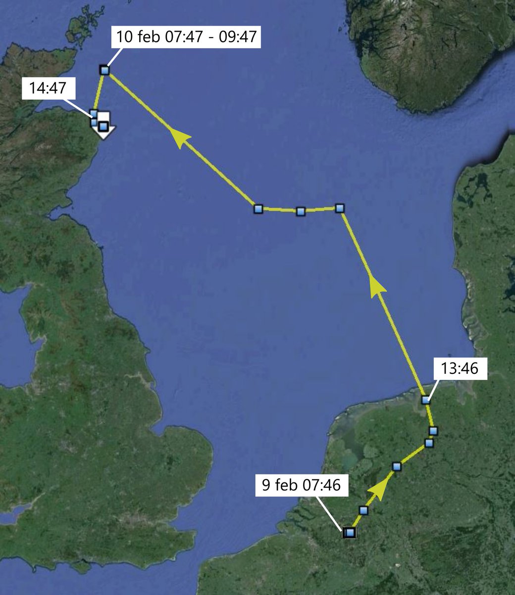 Another first-ever this winter: 360E (Steffen) has gone to Northern Scotland! He left NL towards the north on 9 Feb, steared west and rested at sea on the morning of the 10th. He is currently staying just south of Mintlaw. Anybody know people there that could go and look him up?