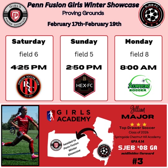 JillianMajor22's tweet photo. PENN FUSION SHOWCASE 🔥‼️ Excited to play with my SJEB 08 teammates❤️⚽️ Here is my schedule‼️ @TopDrawerSoccer @PrepSoccer @GAcademyLeague @ImYouthSoccer @ImCollegeSoccer @SJEBFC @TheSoccerWire https://t.co/8BATyoqPjU