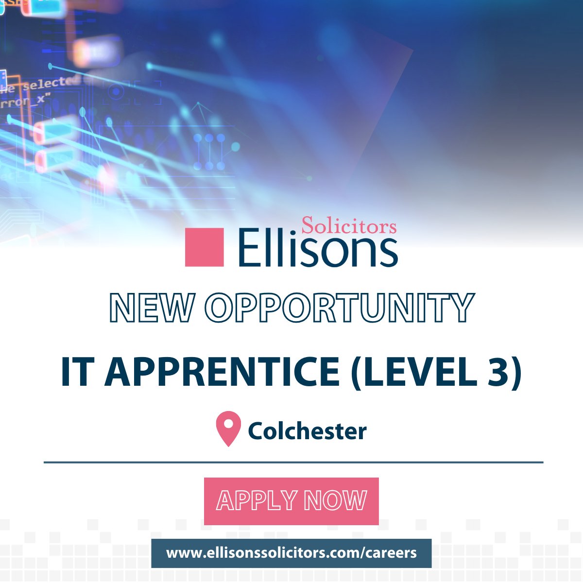 EllisonsLaw's tweet photo. We have an exciting opportunity for someone who is keen to commence a career within the IT profession whilst studying for their Level 3 qualification to join our thriving IT team in Colchester. 

Apply here – https://t.co/G13ZGJJtPB #ITApprentice #JobsinIT #Apprenticeship #Hiring https://t.co/xuToheZ6ox
