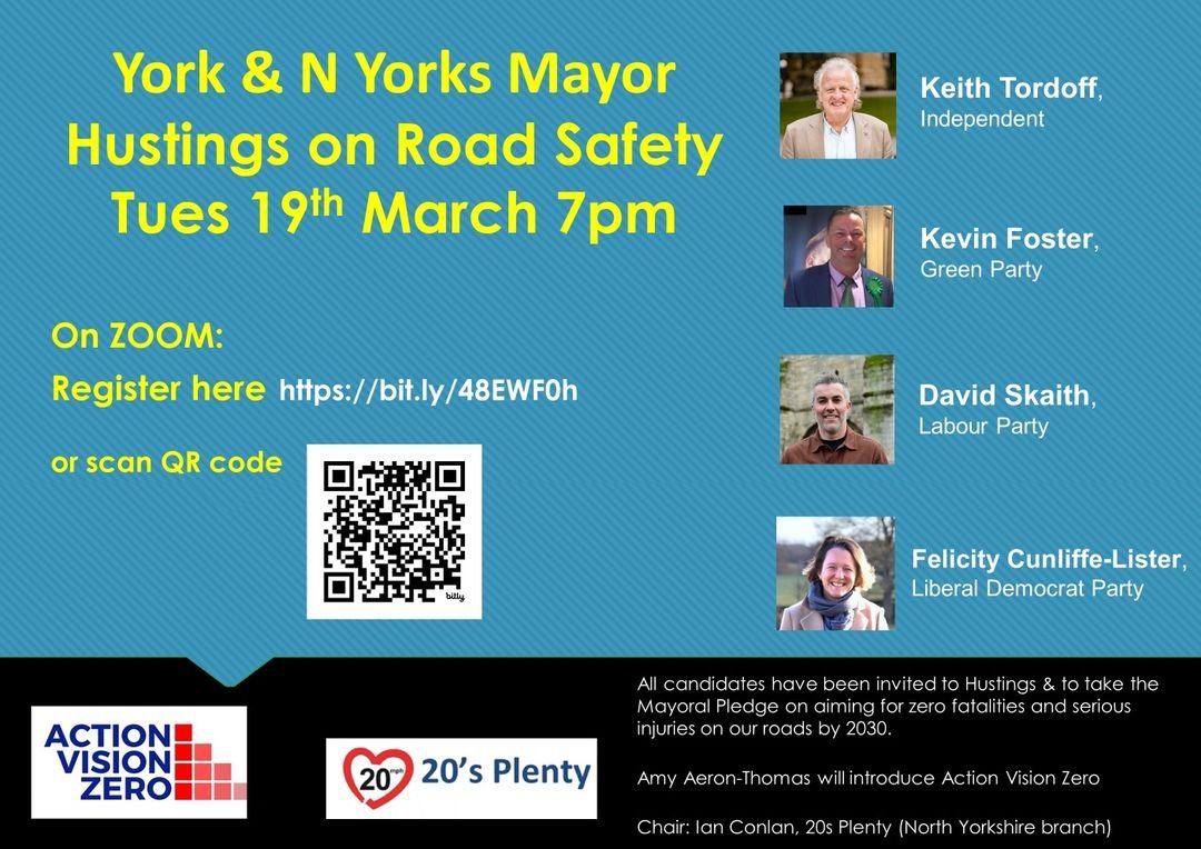 Delighted Lib Dem Felicity Cunliffe-Lister also to join Mayoral Hustings on Road Safety 19 March. Scan QR code to register.  Submit questions by email 20splentyfornorthyorkshire@gmail.com. Also demo asking for NY Council consultation Wed 21 Feb 9.15am County Hall Northallerton