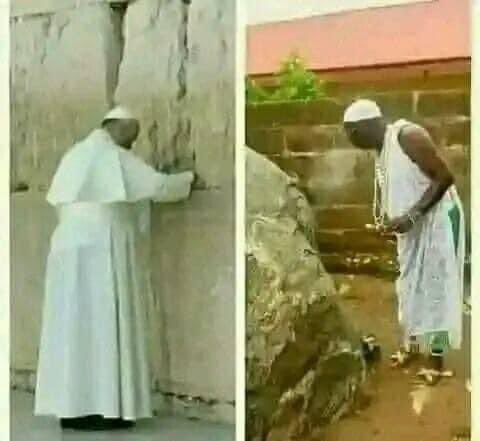 Joe__Bassey's tweet image. As an African, you travel to Israel to pray on a wall. This is called pilgrimage and you automatically earn the title of JP. 

As an African, you travel to Saudi to pray on a black stone. This is called Hajj and you automatically earn the title of Alhaji. 

As an African, you…