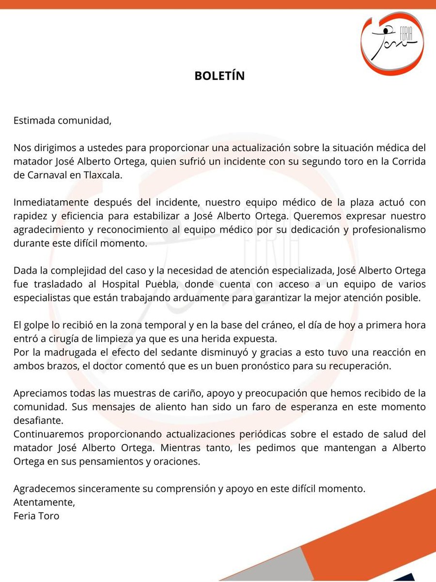 Boletín oficial de Feria Toro acerca del estado de salud del matador Alberto Ortega.