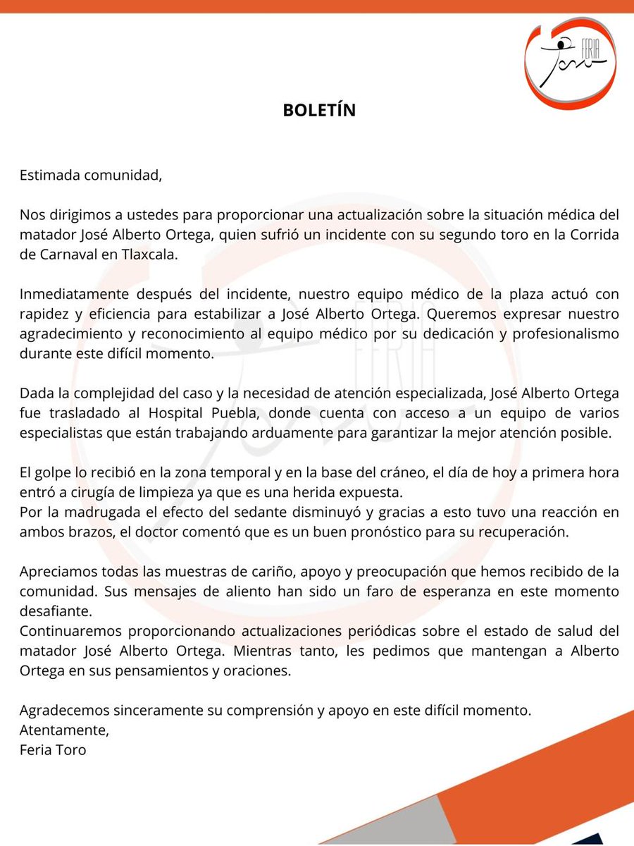 LuLlanosMx's tweet photo. 🔴 Comunicado de la empresa @feriatoro sobre la salud del mt José Alberto Ortega, asimismo, se solicitan dos donadores en la ciudad de Puebla.

Si alguien se encuentra en posibilidad de donar, envíenme DM y con gusto yo los contacto para su apoyo. https://t.co/LBlVgQTPaN