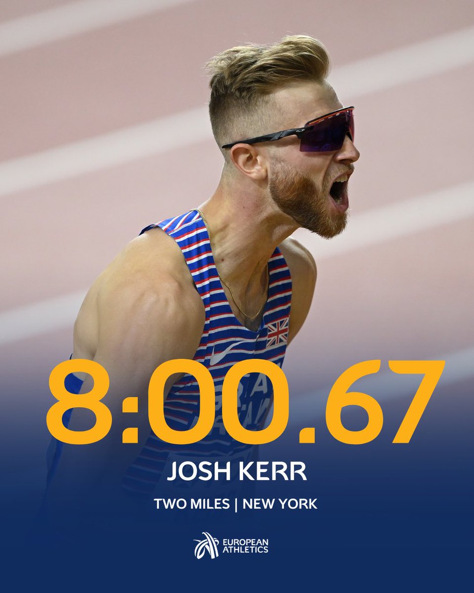 Fastest ever two miles indoors! 🔥 World 1500m champion Josh Kerr 🇬🇧 smashes Mo Farah’s previous world indoor best of 8:03.40 with 8:00.67 at the Millrose Games! #WorldIndoorTour