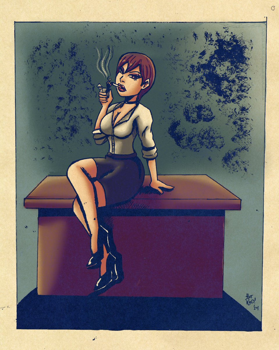 Smoking secretary pinup. #traditionalart #traditionalinks #digitalcolor #pinup #secretary #smoking #Procreatecolors