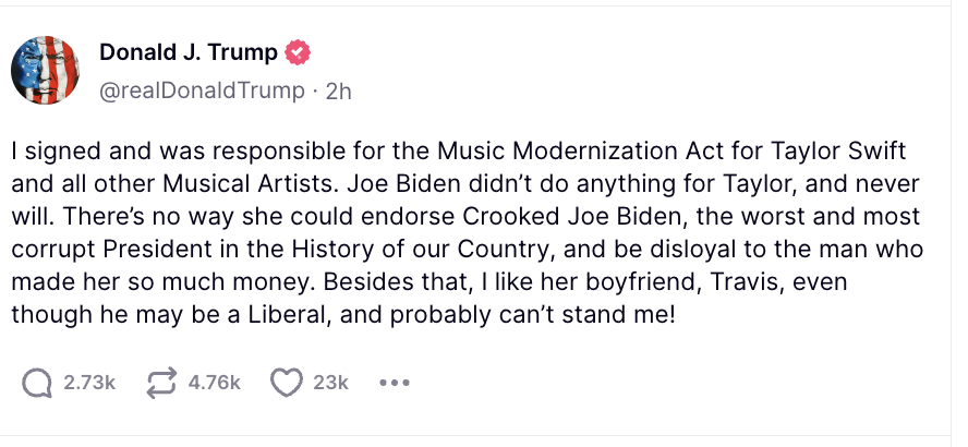 KFILE's tweet photo. This is a real post on Truth Social from Trump: https://t.co/oIGnY0bUp7
