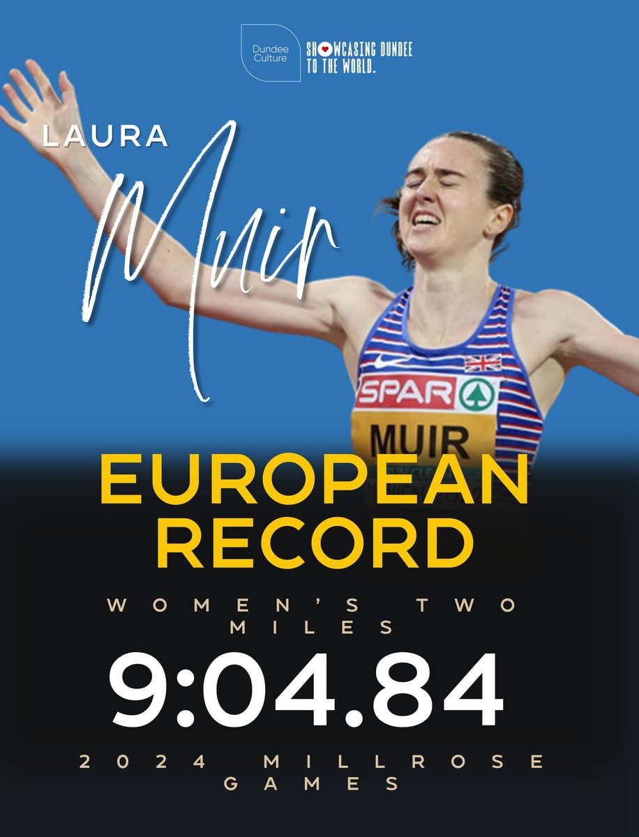 🤩🏃‍♀️🏅 IT'S A EUROPEAN RECORD!!! Congratulations to @dundeehawks' Laura Muir for breaking the European Women's Two Mile Record at a time of 9:04.84 at the #MillroseGames in New York, coming second overall in the race. Fantastic news. #DundeeHawks #Dundee