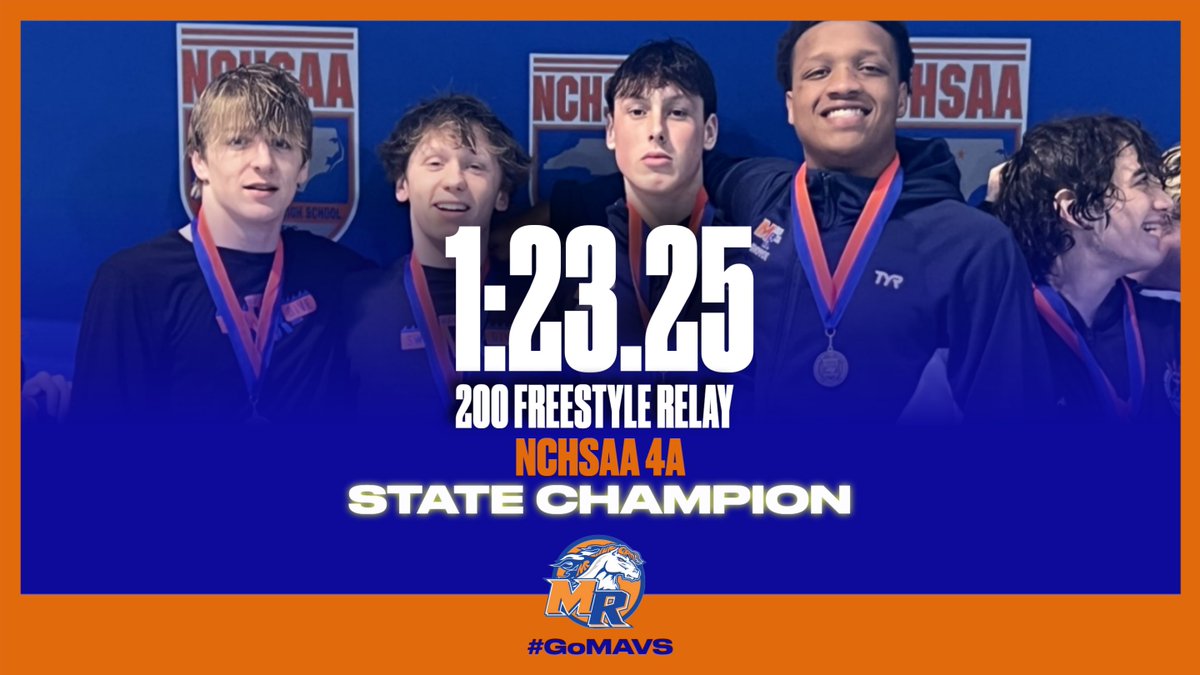 Congrats to the Men's 200 Freestyle Relay team of Michael Rice, Charles Heisig, Gavin McCarter & Troy Keen on their State Champion & State Record performance at the NCHSAA 4A State Swim Championships last night! #GOMAVS @aghoulihan @ucpsncathletics