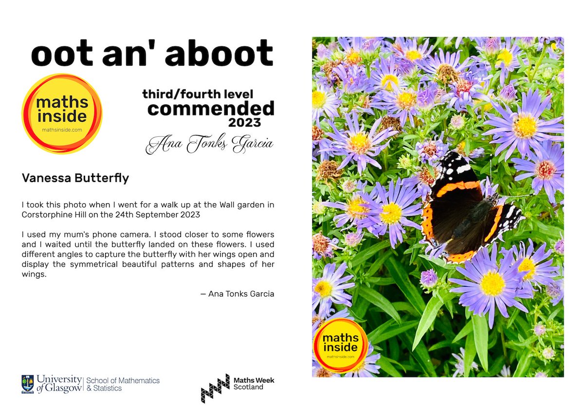 mathsinside's tweet image. *Vanessa Butterfly* — Ana Tonks Garcia (S1) @CraigmountHS — Third/Fourth Level Commended Entry 📸🎉 

@mathsinside #mathsinside #mathsinsideInMotion #maths #PhotoContest #MathsWeekScot @UofGlasgow @UofGMaths_Stats @mathsweekscot @tentivetodetail