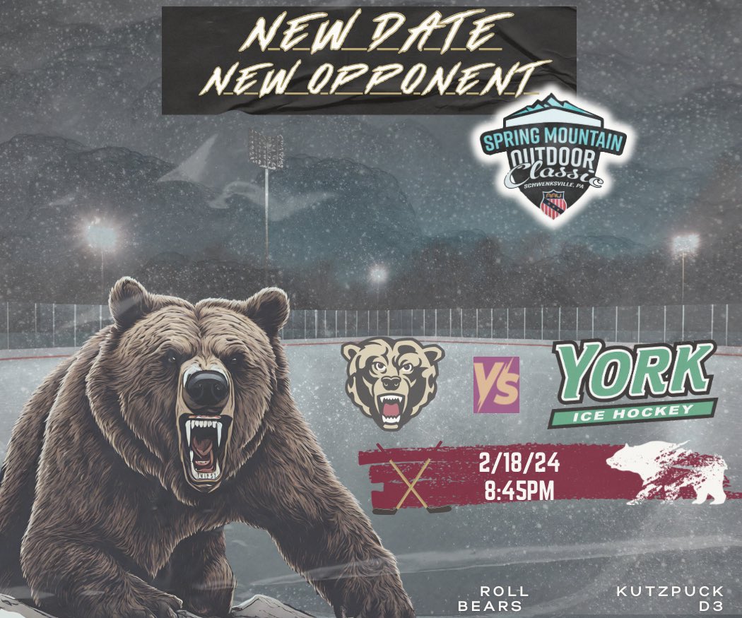 Kutztown19's tweet photo. (D3) On Sunday, February 18th We Are Taking It Outside (Third Time’s The Charm) For The Outdoor Classic. We Will Be Taking On York College At (8:45pm), Hope To See You There🐻🥶🏒 #KutzPuck #RollBears #OutdoorClassic #D3 https://t.co/fFy2THM48Z
