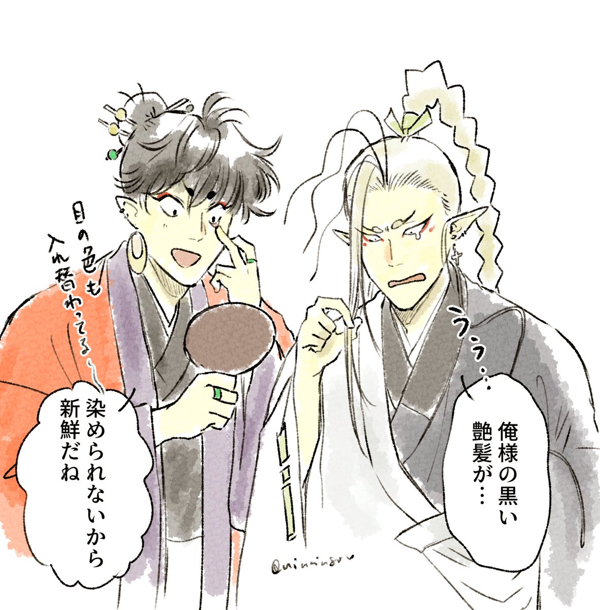 #妄想ひとコマ
もしもシリーズ
チャラ男どもの髪色が入れ替わったら
タッケは自分の髪色にそんなにこだわりなさそうだけどスサノーちゃんは自分のツヤやかな黒髪を自慢に思ってるんで… 