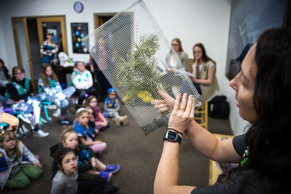 Dr. Libby Pansing, director of forest and restoration science, demonstrates how a cone cage is used for a group of Girl Scouts of the USA. At American Forests she develops and implements research initiatives to improve restoration and climate-smart forestry initiatives.