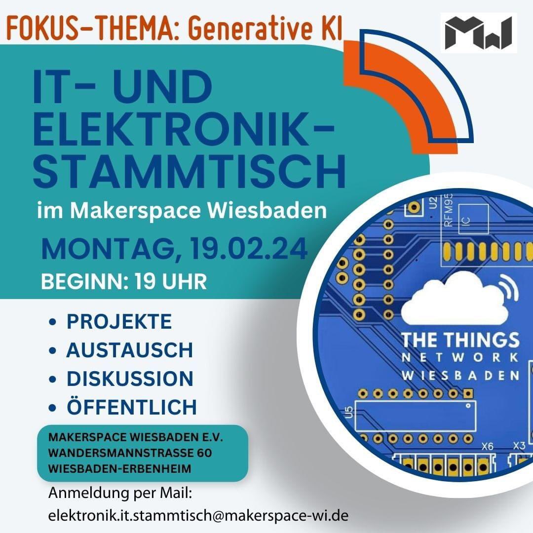 Am 19.2.24 gibt es unser nächstes Treffen im Makerspace. 
Thema ist Generative KI

#wiesbaden #ki #GenerativeAI #makerspace #it #elekronik #stammtisch #rheinmain