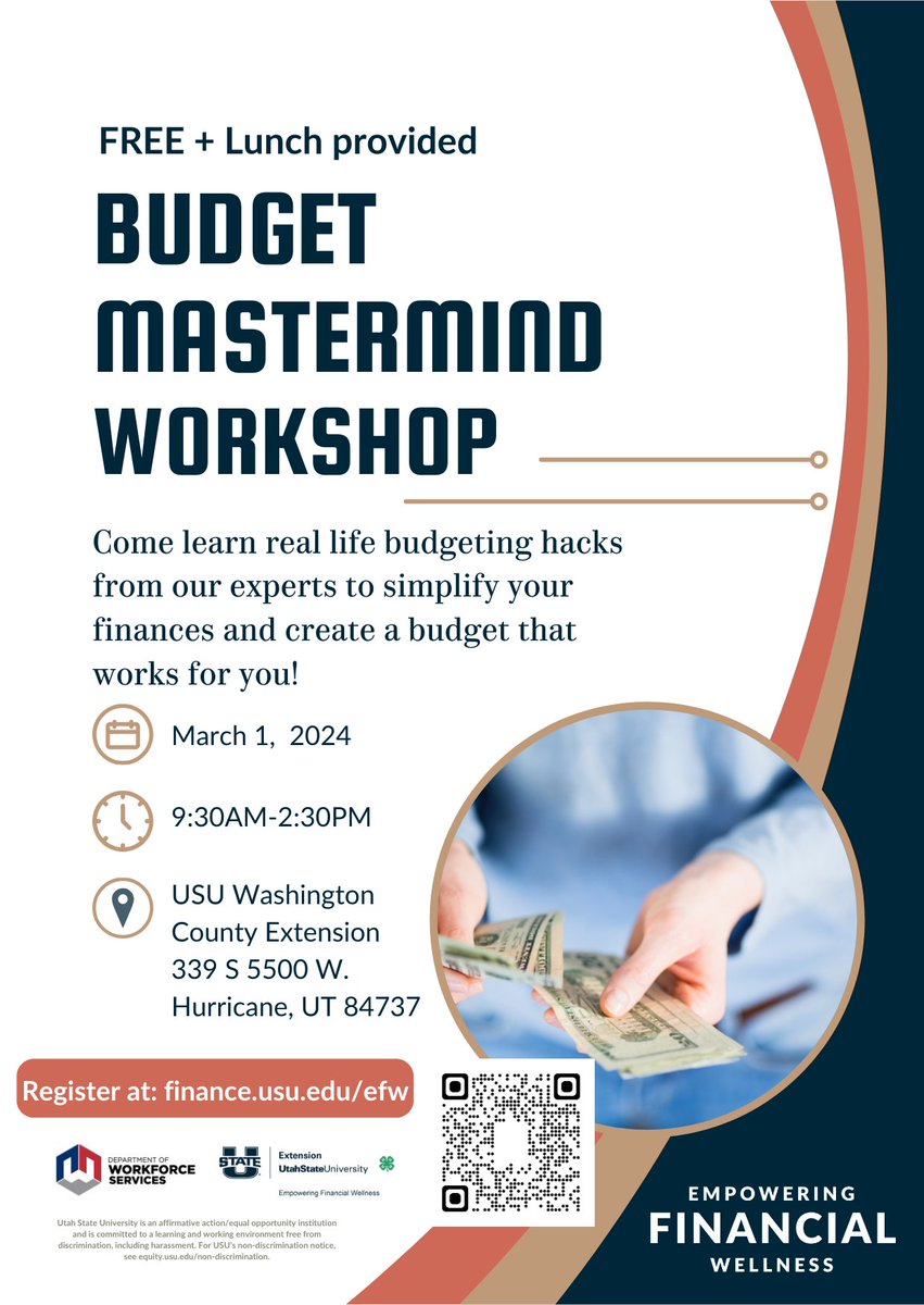 rootforkids's tweet image. Do you want to learn budgeting hacks?  Register now for this FREE, hands-on Budget Mastermind Workshop provided by @usuextension .  Who doesn&apos;t need to learn more about mastering their finances?!  
extension.usu.edu/finance/empowe…