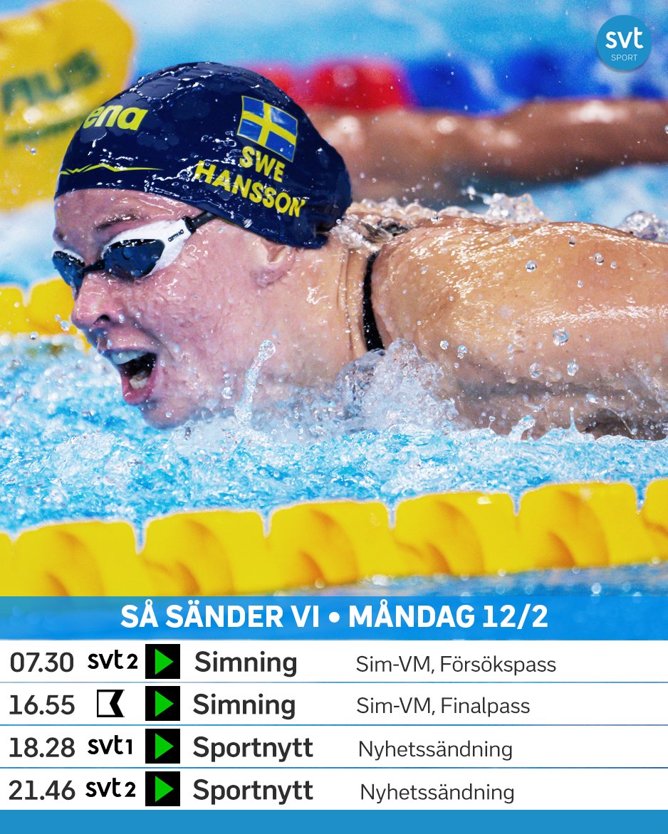 SVTSport's tweet photo. Måndagsmenyn 😍 Sim-VM i Doha fortsätter där bland andra systrarna Hansson jagar medaljer 💛💙
Läs mer om veckans sändningstider via länken 👇
https://t.co/fijd1obXoP
#simning #simvm #doha #louisehansson #sophiehansson #svtsport https://t.co/UkIxR5AwrN
