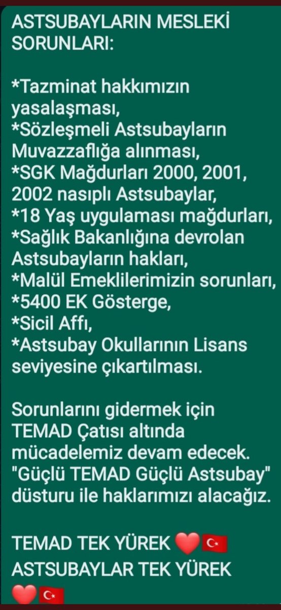 #Aslaunutmayacağız
#TazminatHakkımız
Vatan için canlarını veren #Astsubaylar halen Müjde Bekliyor
<a href="/RTErdogan/">Recep Tayyip Erdoğan</a> <a href="/yasargulertc/">Yaşar Güler</a> <a href="/eczozgurozel/">Özgür Özel</a>
<a href="/tcsavunma/">T.C. Millî Savunma Bakanlığı</a> <a href="/dbdevletbahceli/">Devlet Bahçeli</a>
<a href="/memetsimsek/">Mehmet Simsek</a>
<a href="/meral_aksener/">Meral Akşener</a> <a href="/zorlu77/">Prof.Dr.Kürşad ZORLU</a>
<a href="/HMBakanligi/">T.C. Hazine ve Maliye Bakanlığı</a> <a href="/CHPMuratBakan/">Murat BAKAN</a>
<a href="/DurgenHamza/">Hamza DÜRGEN</a> <a href="/temadankara/">TEMAD Genel Başkanlığı</a> @FOXhaber <a href="/umitozdag/">Ümit Özdağ</a>