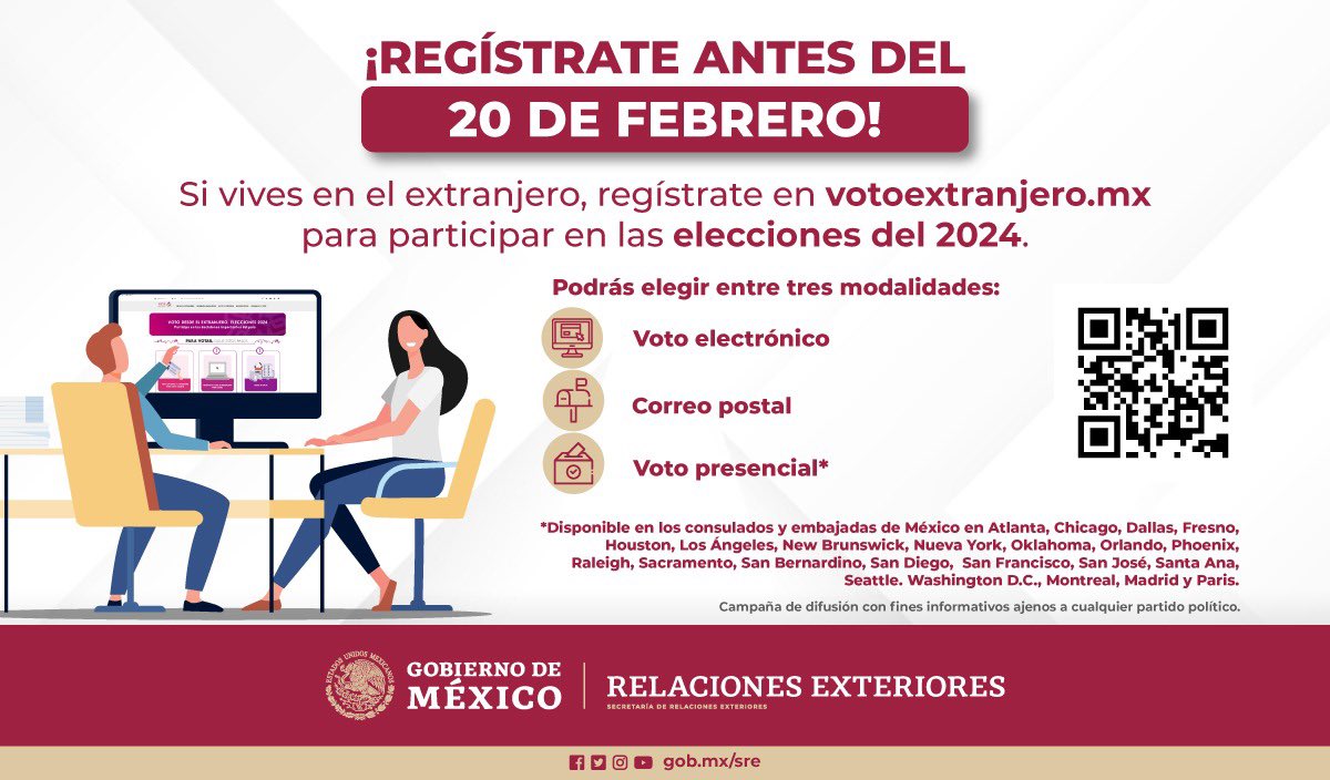 📌 ¿Eres mexicana o mexicano en el exterior? Recuerda que el 2 de junio de 2024 habrá elecciones. ¡Regístrate antes del 20 de febrero para poder participar desde el lugar en donde te encuentras!

Realiza tu registro en: votoextranjero.mx

🇲🇽🤝🌎
#MiConsulado
#SRECercaDeTi